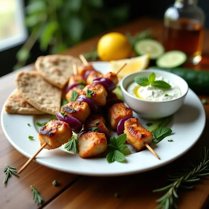 Souvlaki de Pollo con Tzatziki de Pepino: Receta Griega en Brocheta con Hierbas Frescas