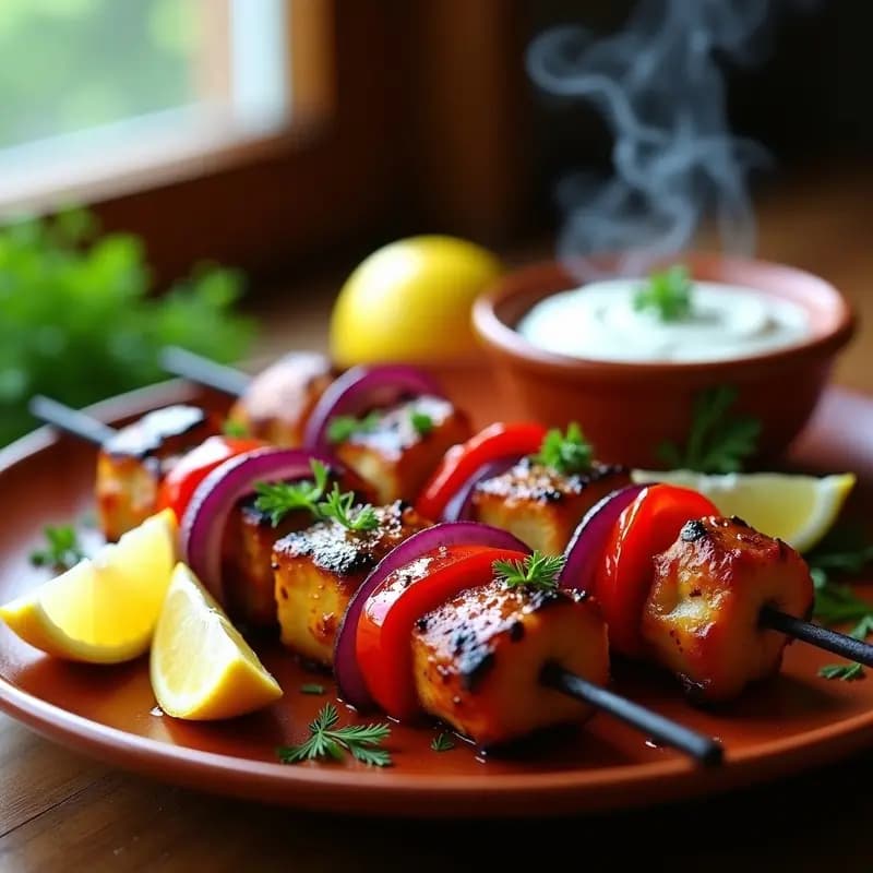 Souvlaki Griego de Pollo al Yogur: Brochetas Tradicionales con Marinado Cremoso