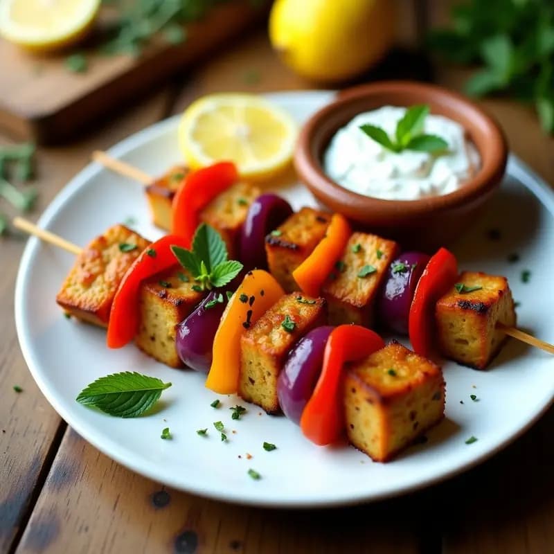 Souvlaki de Seitan y Pimientos: Brochetas Griegas Vegan con Salsa Tzatziki