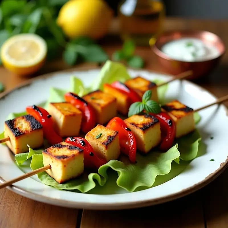 Souvlaki de Tofu y Pimientos con Salsa Tzatziki: Receta Griega Vegana en Pinchos