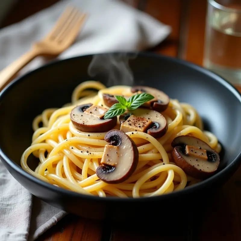 Spaghetti a la Carbonara con Champiñones Portobello: Receta Italiana Vegana con Toque Ahumado