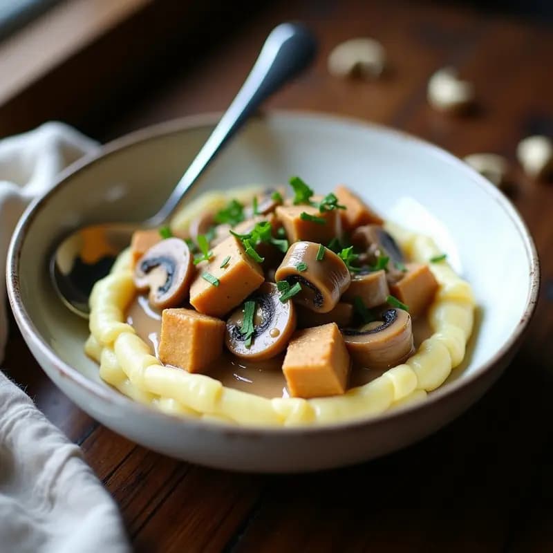 Stroganoff Ruso de Hongos y Tofoo: Versión Vegana y Crema de Anacardos