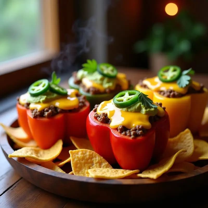 Stuffed Bell Pepper Nachos: Pimientos Rellenos de Carne Picante, Queso Fundido y Guacamole
