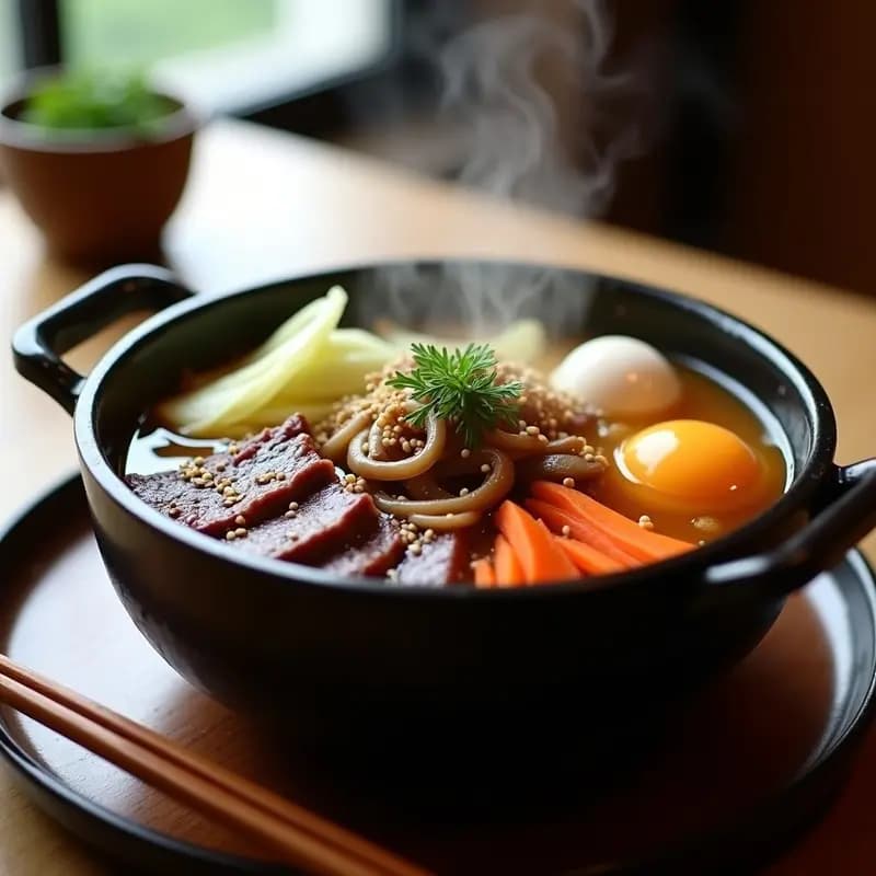Sukiyaki de Carne y Verduras: Fondo Japonés Tradicional para Invierno
