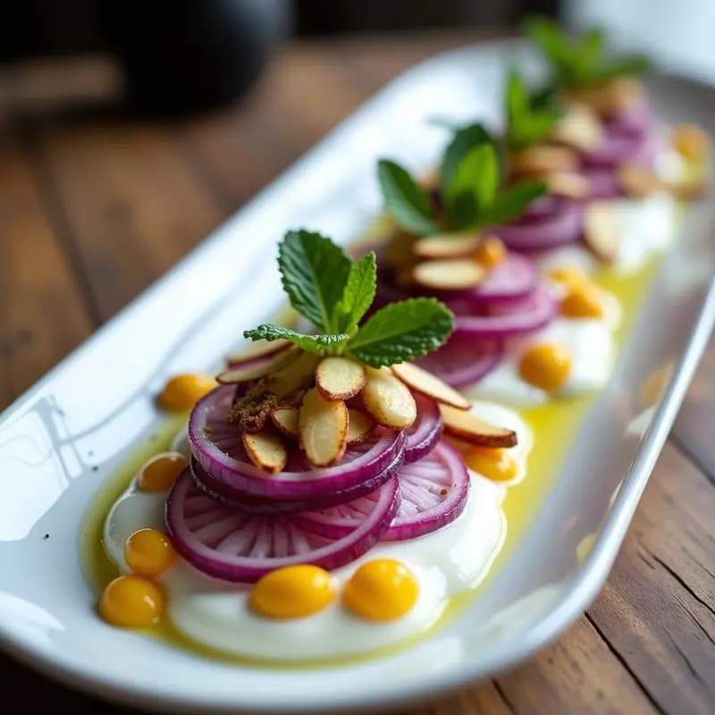 Sumac Onions con Yogur Griego y Granadilla: Entrante Turco Fresco y Crujiente