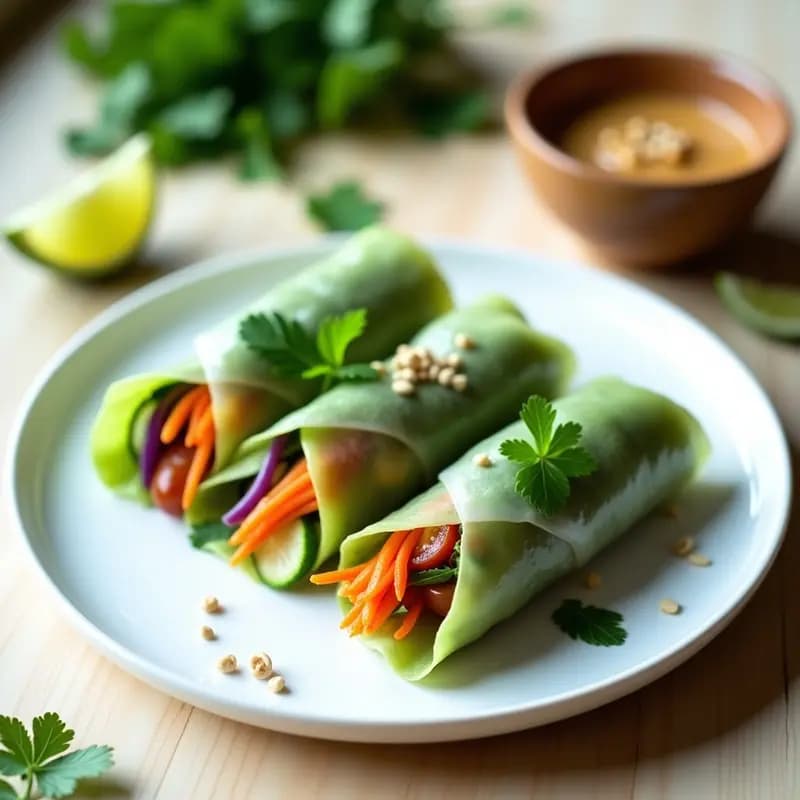 Summer Rolls de Papaya Verde y Tomega con Salsa de Cacahuete y Lima: Entrante Vietnamita Vegano Sin Cocción