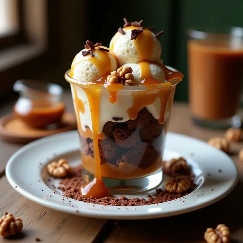 Sundae de Brownie, Helado de Vainilla, Caramelo Líquido y Nueces: Postre para Endulzar la Vida