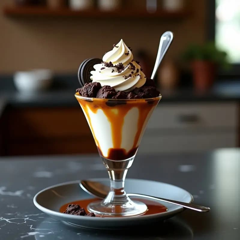 Sundae de Helado con Brownie, Salsa de Caramelo y Oreos Trituradas: Postre de Heladería Premium