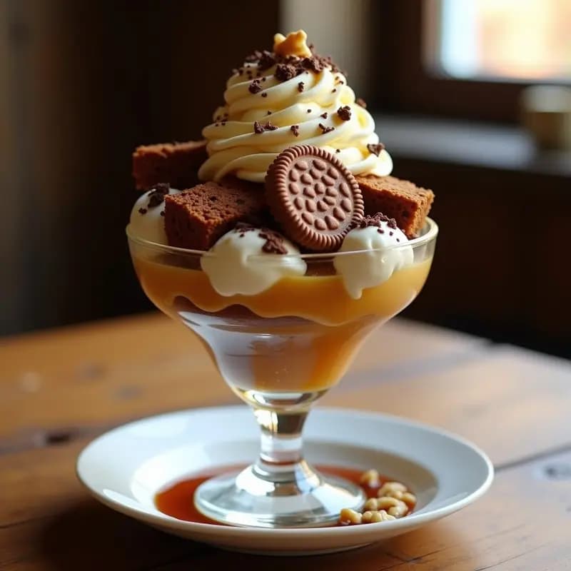 Sundae de Helado con Brownies, Galletas, Crema Batida y Sirope de Caramelo: Postre de Infarto