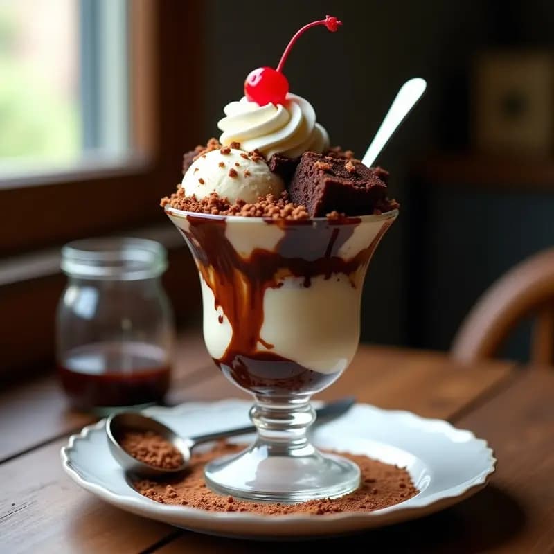 Sundae de Helado con Brownies, Sirope de Chocolate y Virutas de Nuez: Postre Clásico para Heladerías en Casa