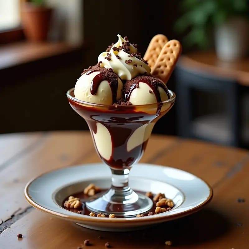 Sundae de Helado con Sirope de Chocolate, Nueces y Crema Batida: Postre Clásico Reinventado
