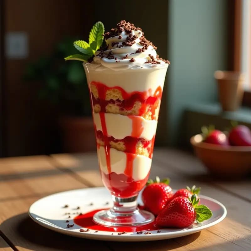 Sundae de Helado de Vainilla con Cheesecake Troceado y Salsa de Fresas: Postre de Lujo