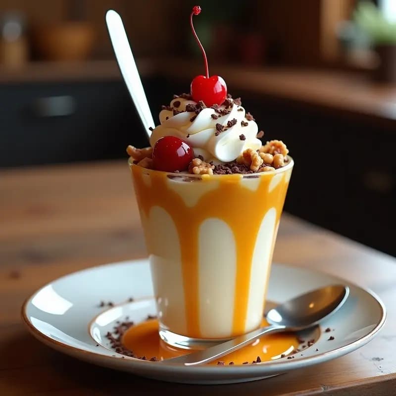 Sundae de Helado de Vainilla con Salsa de Caramelo Nueces y Cerezas: Clásico con un Toque Extra