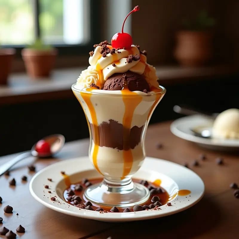 Sundae de Helados de Vainilla, Chocolate y Fresa con Salsa de Caramelo, Whipped Cream y Cerezas: Postre Clásico Reinventado