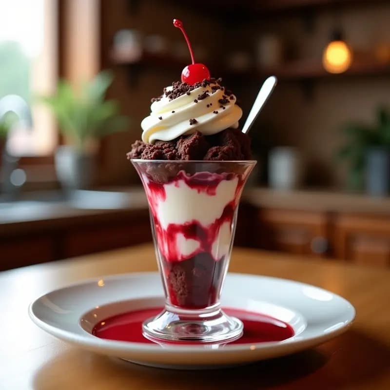 Sundae de Vainilla con Brownies Trozeados y Salsa de Frambuesa: Postre de Heladería en Casa