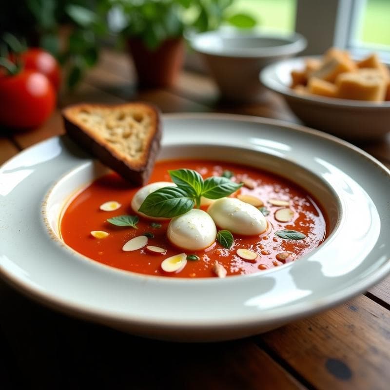 Sup de Tomates Asados con Albahaca y Queso Buratta: Sopa Italiana Fría y Fresca