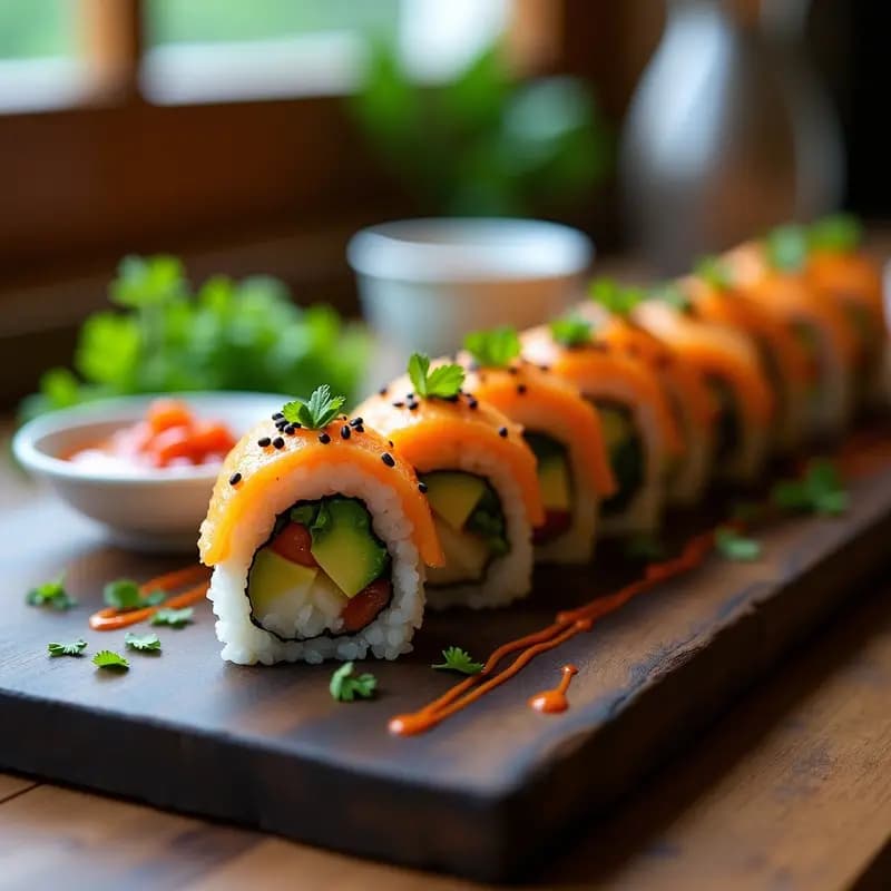 Sushi de Aguacate y Camarones al Cítrico: Roll Vegano Picante con Salsa Sriracha-Mayo