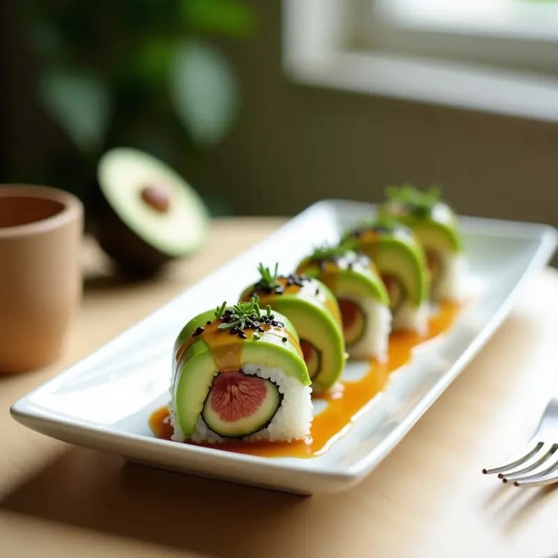 Sushi de Aguacate y Higos Frescos con Vinagreta de Miso: Entrante Fusion Japonés