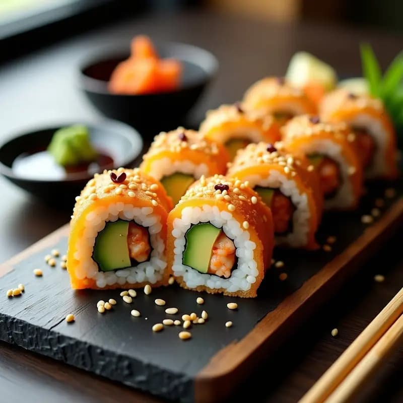Sushi de Aguacate y Langostino Tempurizado: Roll Japonés Crujiente y Cremoso