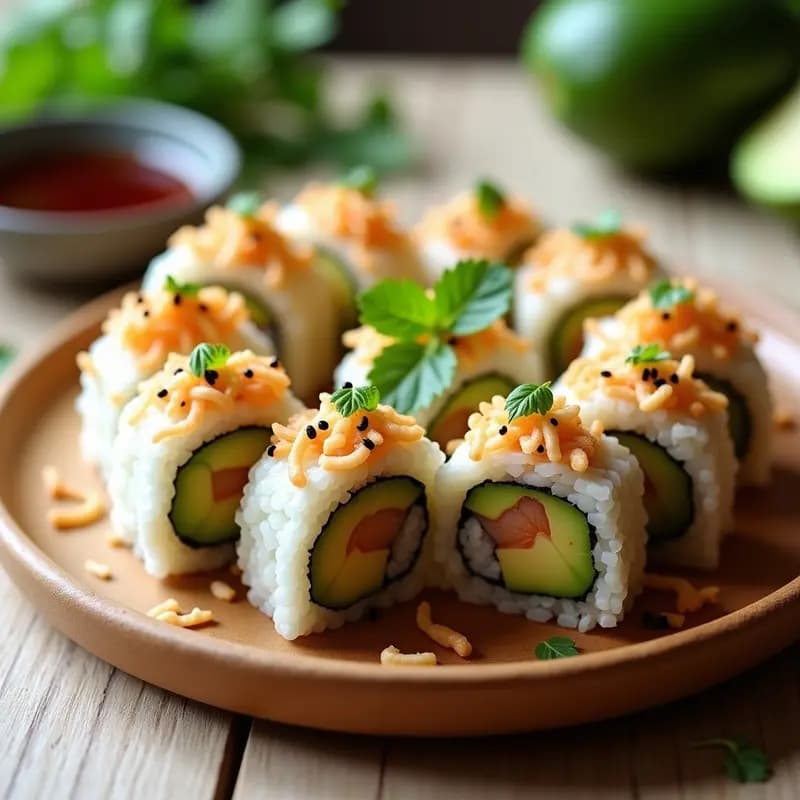 Sushi de Aguacate y Langostinos al Coconut: Receta Japonesa Fusionada en Rollos