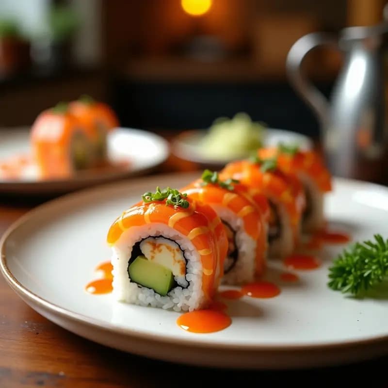 Sushi de Aguacate y Langostinos: Roll Caliente con Salsa Sriracha y Mayo
