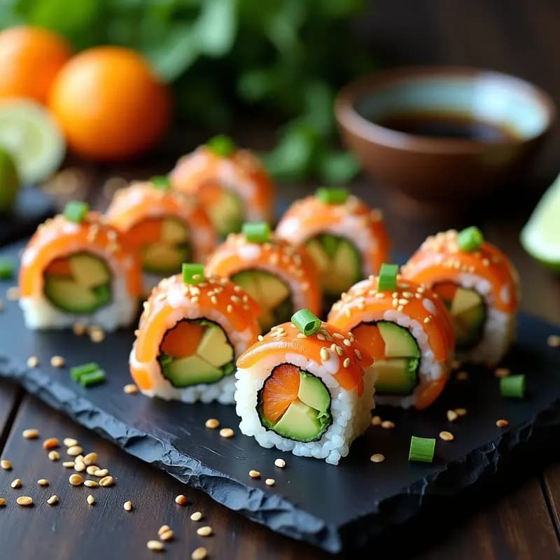 Sushi de Aguacate y Langostinos al Cítrico: Rollitos Fríos con Toque Peruano-Japonés