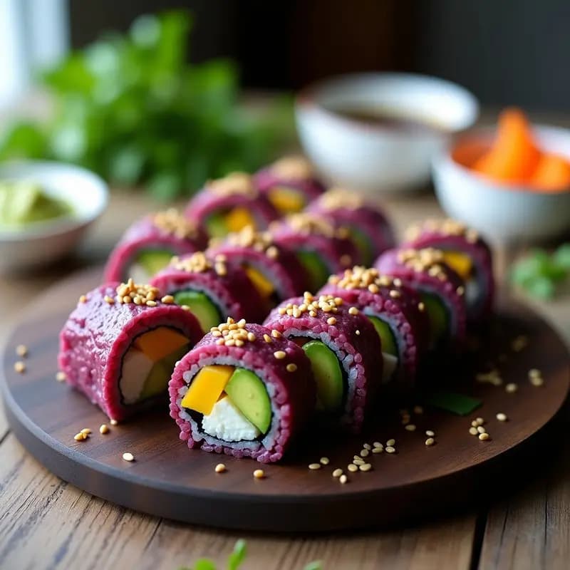 Sushi de Aguacate y Mango con Arroz Morado: Rollitos Veganos Sin Pescado