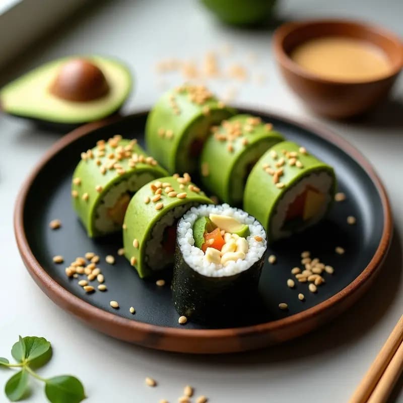 Sushi de Aguacate y Queso Crema Vegano: Rollos Japoneses Sin Pescado con Aderezo de Sésamo