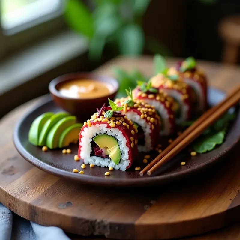 Sushi de Aguacate y Remolacha: Rollos Veganos Sin Pescado con Salsa de Cacahuete