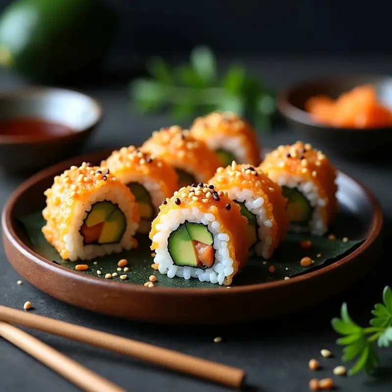 Sushi de Aguacate y Tempura de Camarón: Rollos Japoneses Crujientes con Salsa Teriyaki