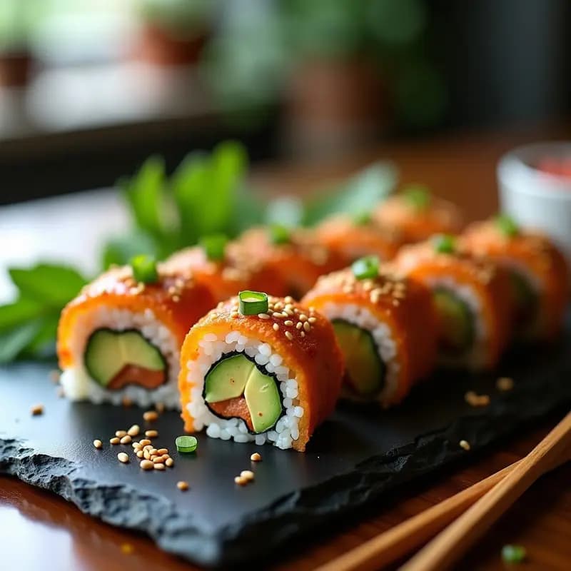 Sushi de Aguacate y Sartén de Tofu: Roll Vegano con Salsa Sriracha