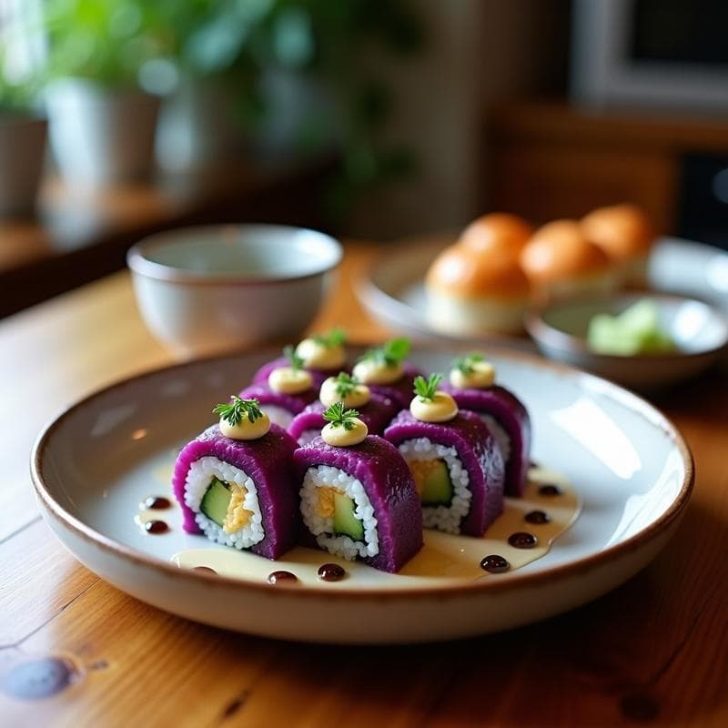 Sushi de Arroz Morado con Aguacate y Trufa Negra: Receta Japonesa Gourmet Sin Pescado