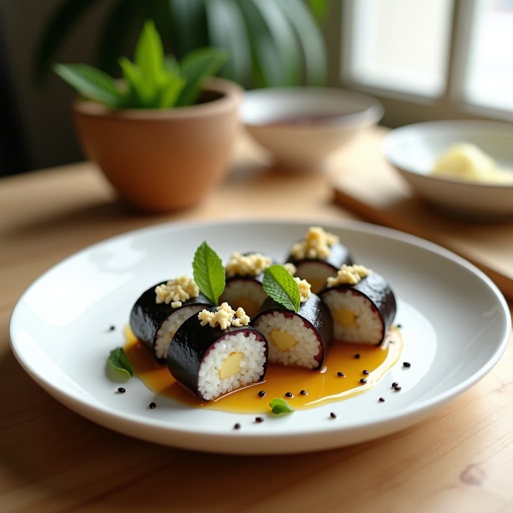 Sushi de Berenjena Ahumada y Queso Feta: Receta Gourmet en 15 Minutos con Vinagreta de Miel