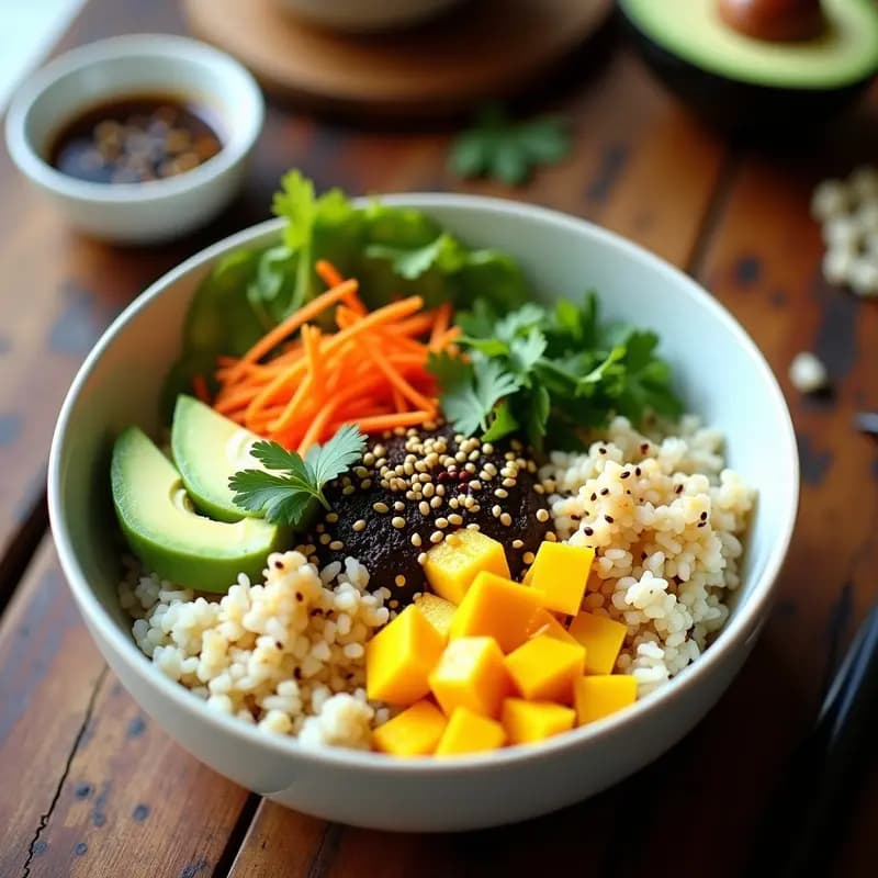 Sushi Bowl de Aguacate, Mango y Semillas de Sésamo: Receta Fusion Sin Pescado en 15 Minutos