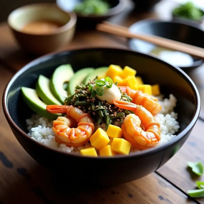 Sushi Bowl de Aguacate, Mango y Tempura de Camarón: Receta Japonesa en Capas