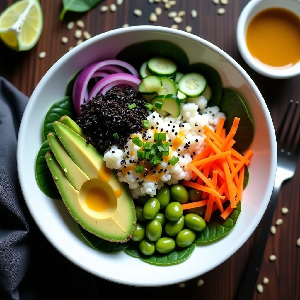 Sushi Bowl de Aguacate y Pepino con Vinagreta de Sésamo: Receta Japonesa Sin Arroz