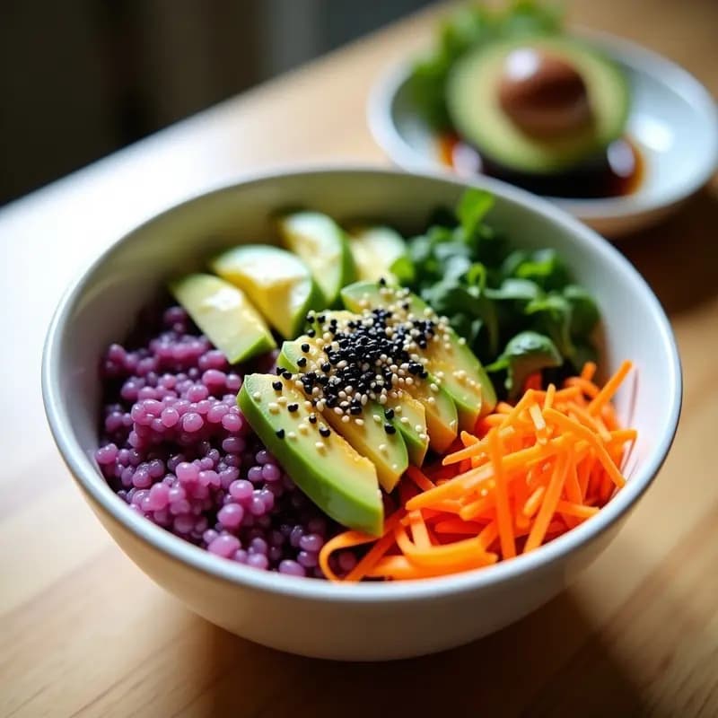 Sushi Bowl de Arroz Morado con Aguacate y Semillas de Amapola: Receta Visual Sin Pescado