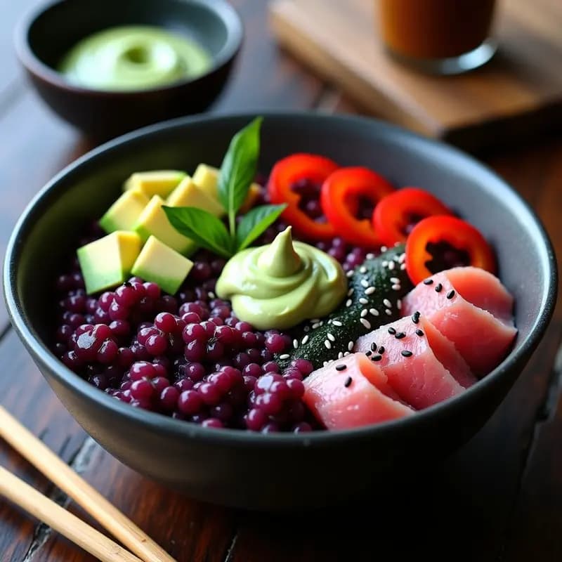 Sushi Bowl de Arroz Morado con Atún Encurtido y Crema de Wasabi: Receta Japonesa Fusion