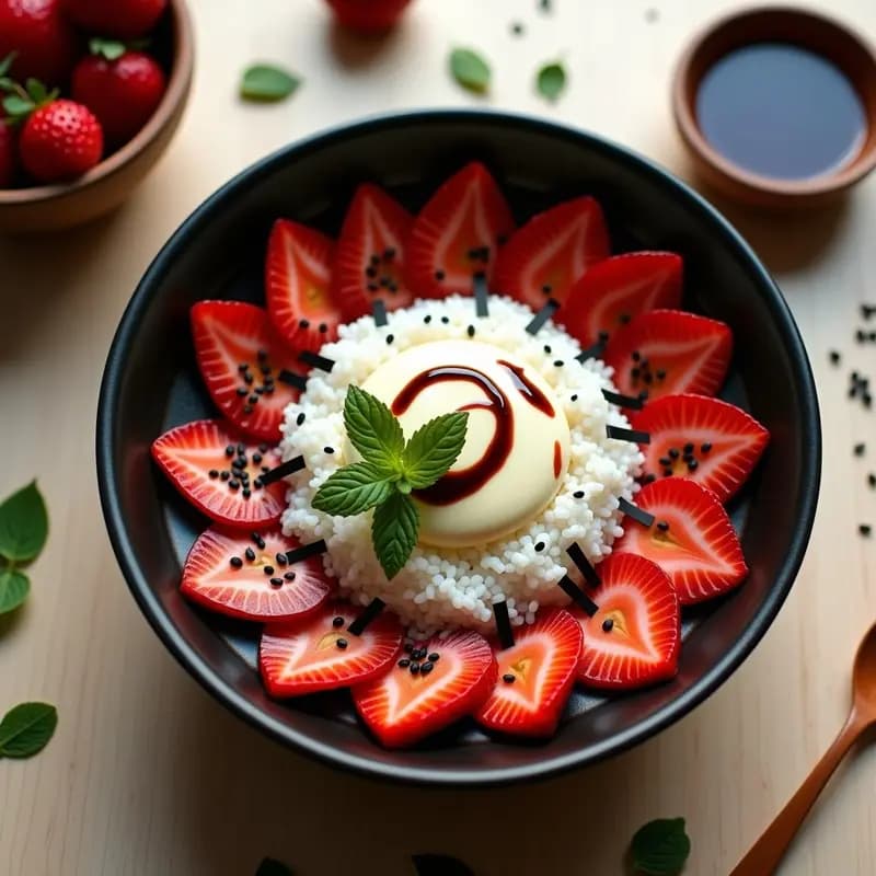 Sushi Bowl de Fresas y Queso Philadelphia con Reducción de Vinagre Balsámico: Postre Japonés Fusion