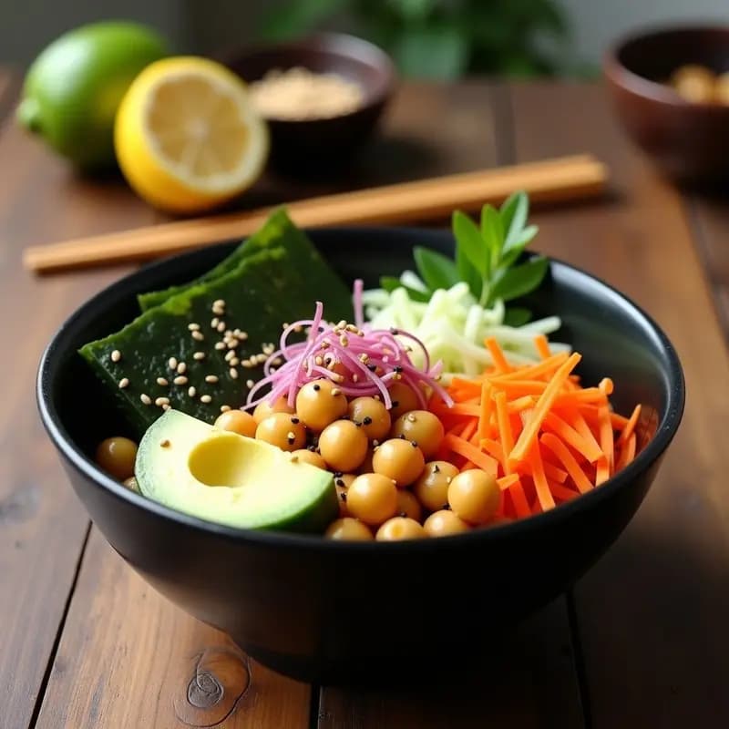 Sushi Bowl de Garbanzos y Aguacate con Vinagreta de Jengibre: Receta Japonesa Vegana y Rápida