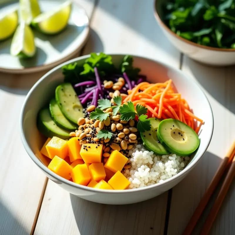 Sushi Bowl de Mango y Aguacate con Vinagreta de Lima Kaffir: Receta Tailandesa Sin Gluten en 15 Minutos