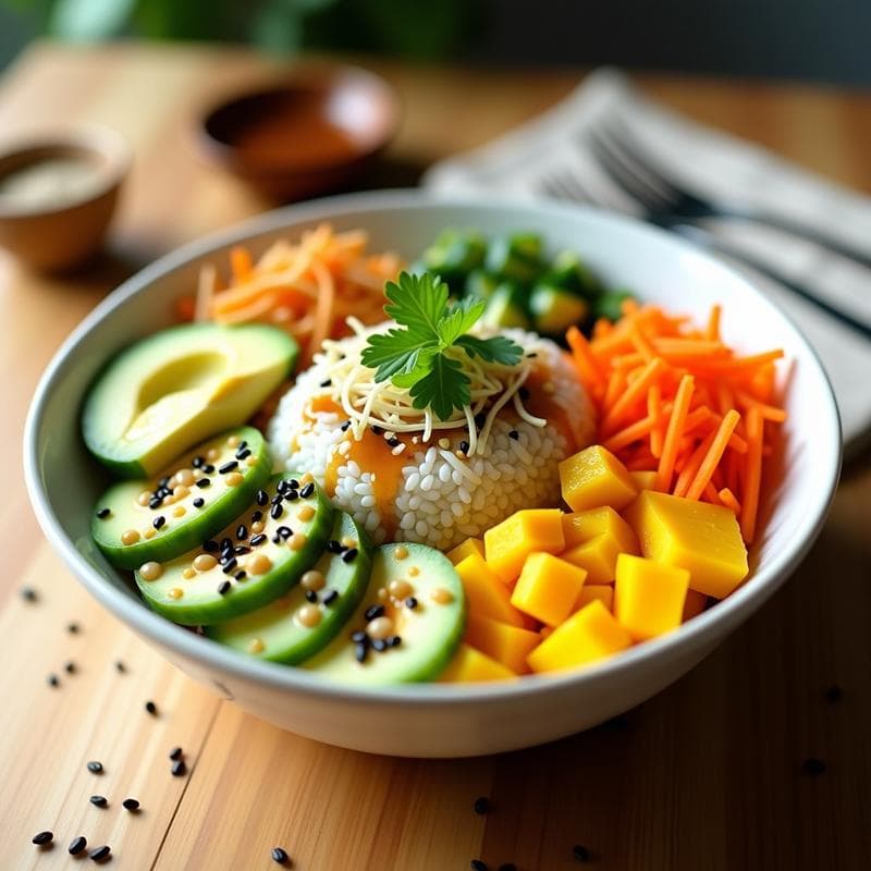 Sushi Bowl de Mango y Aguacate: Receta Vegana y Sin Cocción con Vinagreta de Sésamo