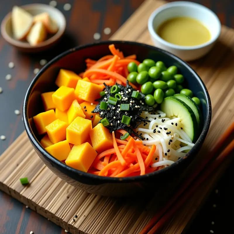 Sushi Bowl de Mango y Edamame: Receta Japonesa Vegana con Aderezo de Limón y Jengibre