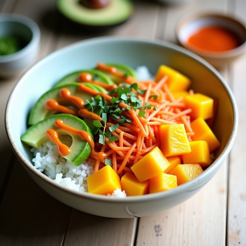 Sushi Bowl de Mango y Palta con Salsa Sriracha: Receta Vegana alta en Omega-3 en 15 Minutos