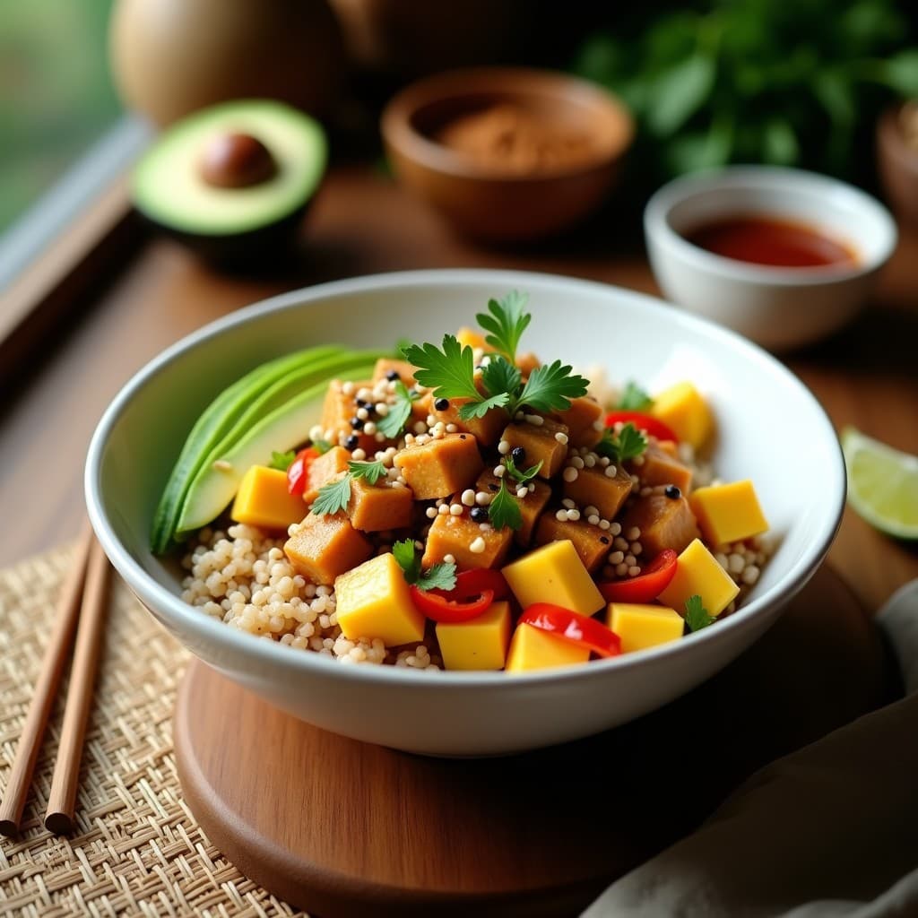 Sushi Bowl de Mango Verde y Tempeh con Aderezo de Tamarindo: Receta Indonesia Sin Crudo
