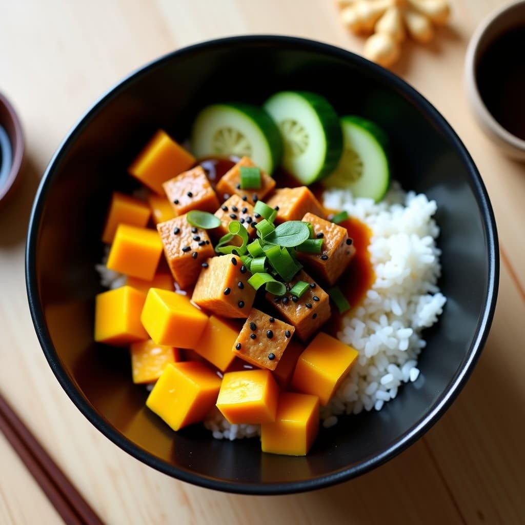 Sushi Bowl de Mango y Ryuukyu Tofu con Salsa de Umeboshi: Receta Japonesa Vegana en 15 Minutos