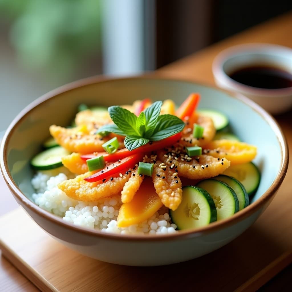 Sushi Bowl de Mango Verde y蔬菜 Tempura: Receta Japonesa Crujiente Sin Pescado