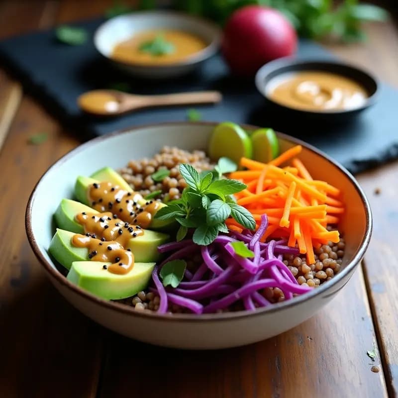 Sushi Bowl de Mangostán y Aguacate: Receta Tailandesa Vegana con Salsa de Cacahuete