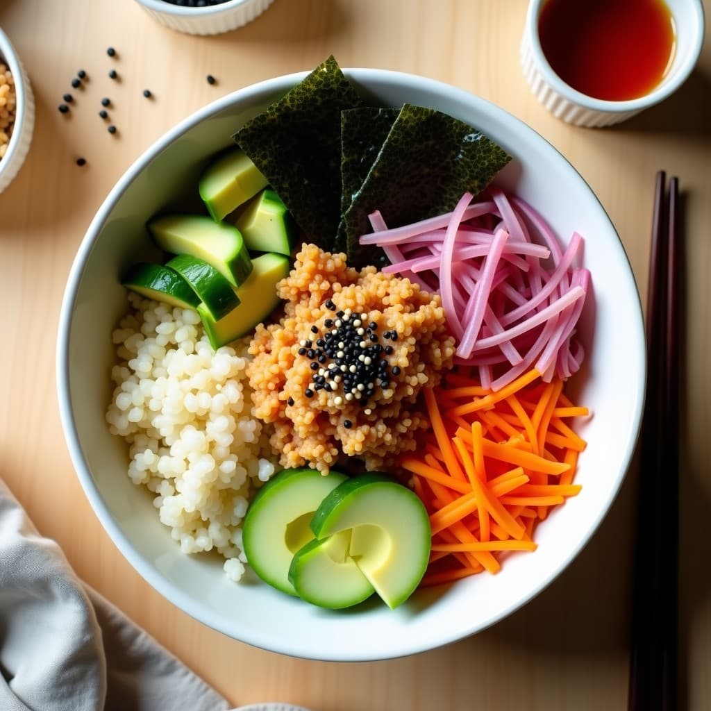 Sushi Bowl de Quinoa y Jaca Young: Receta Vegana Sin Pescado con Salsa Sriracha-Mayo