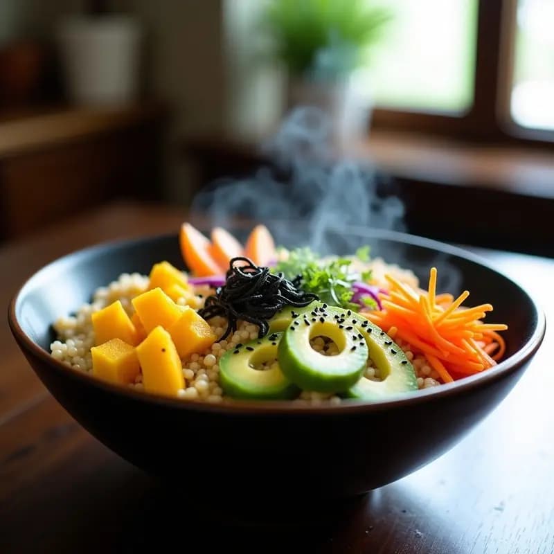 Sushi Bowl de Quinoa y Mangostán con Vinagreta de Yuzu: Receta Sin Pescado y Keto